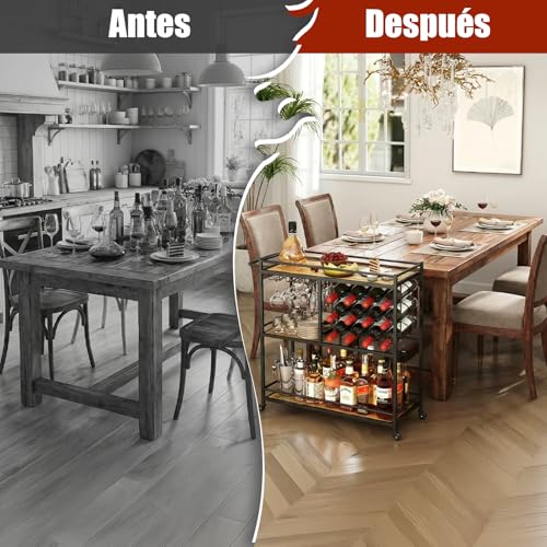 Carrito Organizador con Ruedas,Carrito Auxiliar,Carrito de Servicio Tipo Bar,Mueble Cantina Bar para Casa de 3 Niveles,Ruedas Bloqueables,para 12 Botellas y Copero,Multiusos para Cocina,Sala y Fiestas