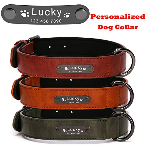Personalized Leather Dog Collar, Custom Engraved Collar for Dogs Adjustable Waterproof Pet Collar Durable Chewproof Soft Padded Dog Collar with Pet ID Tags, 3 Colors Small Medium Large Xlarge XXlarge