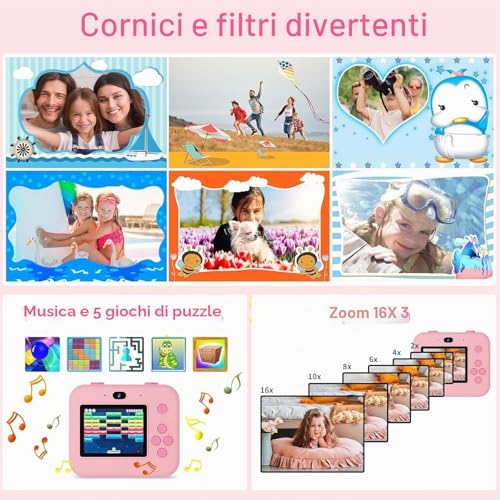 ASTGMI Children's Instant Camera, 2.4 Inch 1080P Children's Selfie Camera with Printing Paper and 32GB Card, Toy Christmas Gift Boy and Girl 3 4 5 6 7 8 Years (Pink)