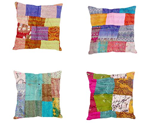 Indistar Set of 4 Throw Pillow Cover | Silk Patchwork Cushion Covers with Traditional Indian Kantha Work | Decorative Cushion Covers, 18 x 18 Inch