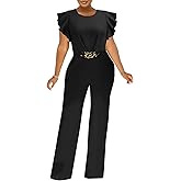 ZonJie Jumpsuits for Women Dressy Ruffle Sleeve Round Neck Backless One Piece Work Party Wide Leg Long Pants