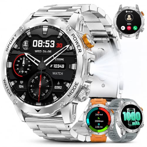 LIMIGE Men's Smart Watch, 1000 mAh, 3 Straps, 1.75 Inch HD Smartwatch Men's Military with LED Calls Flashlight 5ATM Waterproof 120+ Sports Modes Pedometer Bracelet Activity Android iOS Silver