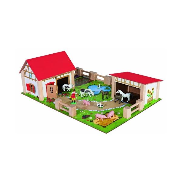 Eichhorn 100004308 - Bauernhof mit 2 Gebäuden, Spielplatte, Figuren, Tieren, Zäunen; 25-tlg, 36x51cm, Buchenholz – Bild 8