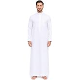 MCJC Men's White Muslim Thobe Long Sleeve Arab Kaftan Robe with Pocket