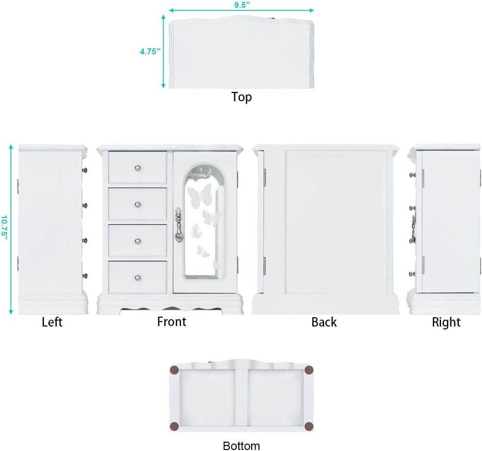 Jewelry Box - Made of Solid Wood with 4 Drawers Organizer and Built-in Necklace Carousel and Large Mirror White: Home Improvement