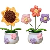 Quarter Rainbow Mini Potted Artificial Plants Crochet Handmade Kintting Flowers for Office Desk Decor and Shelf Decor- for Gift, Birthday, Ideas for Valentine's Day (Sunflower and Puffs)