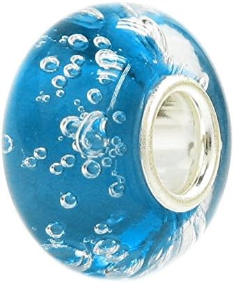 Queenberry Sterling Silver Blue Bubble Glass European Style Glass Bead Charm, Blue,Silver