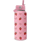 Strawberry Water Bottle Gifts for Women - 32oz Strawberry Themed Insulated Water Bottle with Straw - Christmas Birthday Gifts for Strawberries Lover - Strawberries Bowknot Stainless Steel Coffee Cup