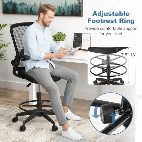 POWERSTONE Drafting Chair, Ergonomic Tall Office Chair for Standing Desk with 3IN Thick Cushion, Flip-up Arm, Adjustable Back Support & Footrest Workbench Rolling Stool Computer Chair (Black 1PCS)