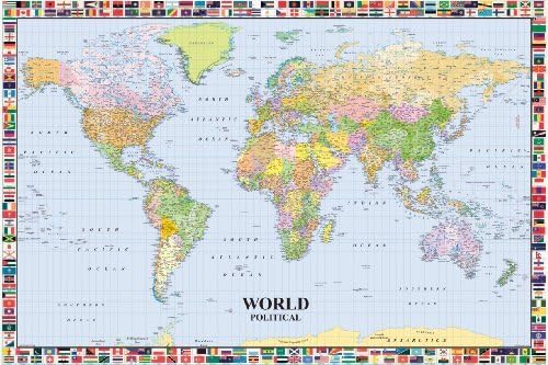 GIANT GP 200 LAMINATED / ENCAPSULATED Political World Map With Flags All Around Measures 4'6' Feet x 3'3' Feet (55 x 39 inches)(140 x 100 cm) by Posterjacks