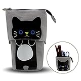 Pencil Holder, Cartoon Cute Cat Pencil Case Telescopic Canvas Pencil Pouch Multifunctional　Stationery Pen Case Box with Metal Zipper for Girls & Children (Gray)