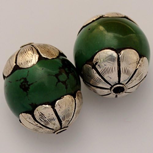 White Metal Turquoise Tibetan Style 2 Beads Nepal B16