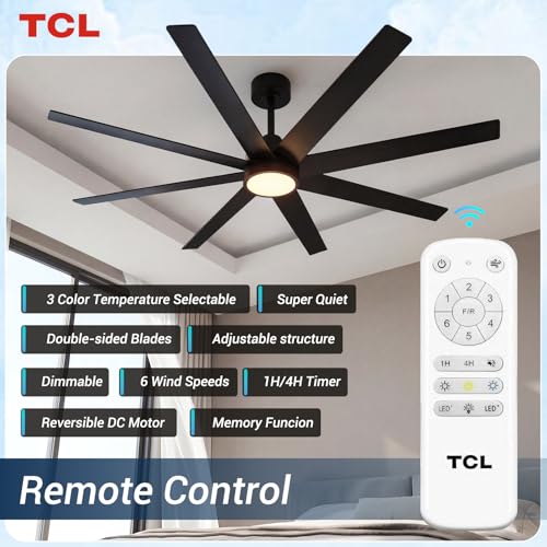 TCL 72 Inch Large Ceiling Fans with Lights and Remote, Quiet Modern Ceiling Fan, 3 CCT Dimmable Remember LED Reversible 8 Dual Side Blades for Living Room Patio Garage Indoor/Outdoor (black, 72)