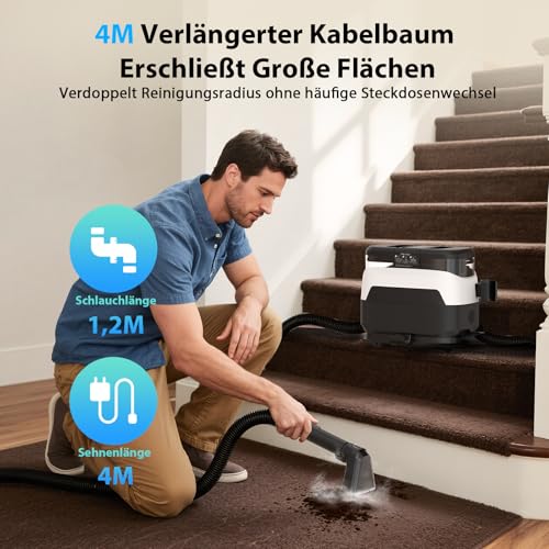 Steam Cleaner 1650 W Upholstery Cleaner Device Wet Vacuum Cleaner with Strong Suction Power, 1250 ml Water Tank, High Temperature Steam Carpet Cleaner for Carpet, Sofa, Curtains, Upholstery, Car Seat
