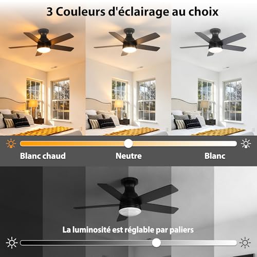 OZENAOS Ceiling Fan with Light, 112 cm (44 Inches), Silent DC Motor, Remote Control, 6 Speed, Timer, 3 Colours of Dimmable, Black, for Living Room, Bedroom