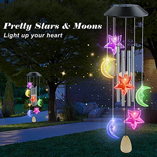 PUISUIT Solar Wind Chimes for Outside, LED Changing Color Memorial Wind Bell for Garden, Patio, Yard, Party Decoration, Waterproof, 25 Inch Low Tone(Moon and Star)