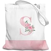 SZERE Pink Initial Flower Coquette Canvas Tote Bag for Women & Teens