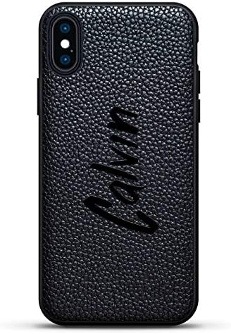 NAME: CALVIN, HAND-WRITTEN STYLE | Luxendary Leather Series Slim Edition Case w/Genuine Leather Back & 3D Printed Design for iPhone Xs Max (6.5") in Pitch Black