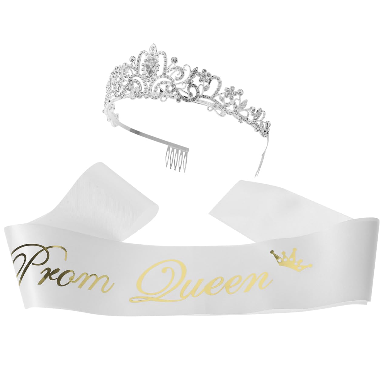 UKCOCO Graduation Crown & Prom Queen Sash Set: Tiara with Rhinestones and Satin Shoulder Strap with Comb - For Women & Girls Graduation Party Decorations (White)