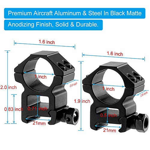 Modkin 1'' Scope Rings, 2Pcs High Profile Scope Mounts + 2Pcs Medium Profile 1 Inch Scope Rings for Picatinny/Weaver Rail - Pack of 4 - Thumbnail 3