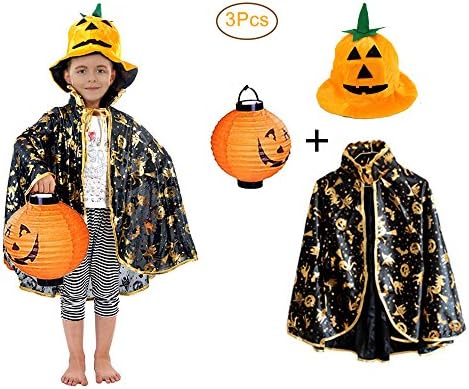 QQF Halloween costume,black Cloak with Witch Hat, Costume Dress Cape, Pumpkins Halloween Masquerade Custom Hat,Pumpkin Lantern,Pumpkin Bag (Cloak+Pumpkin Hat+Pumpkin Lantern)