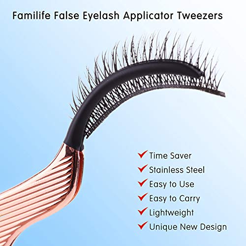 FAMILIFE False Eyelashes Applicator Tool Portable Eyelash Extension Tweezers Stainless Steel Remover Clip Nipper Rose Gold
