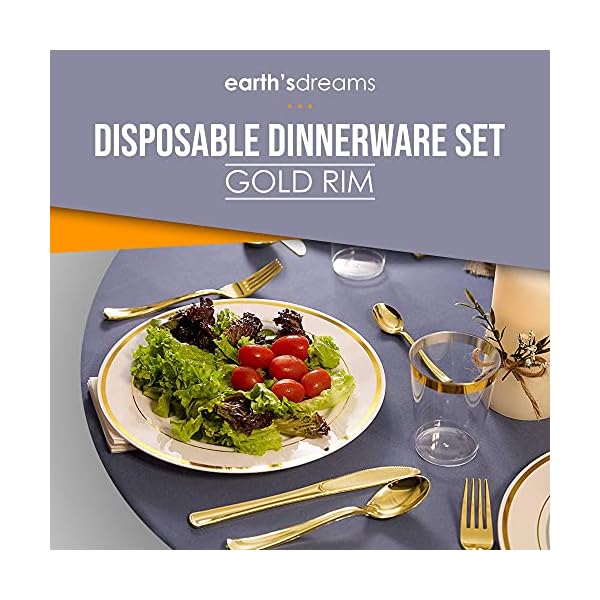 Earths-Dream-Gold-Plastic-Plates-Set-A-Complete-Disposable-Dinnerware-Set-with-100-Party-Plates-25-Dinner-25-Salad-25-Soup-25-Dessert-125-Gold-Silverware-25-Cups-50-Napkins-Table-Runner Earth’s Dream Disposable Dinnerware Set for Christmas: 100 Gold Plastic Plates Set for Party (25 Dinner, 25 Salad, 25…
