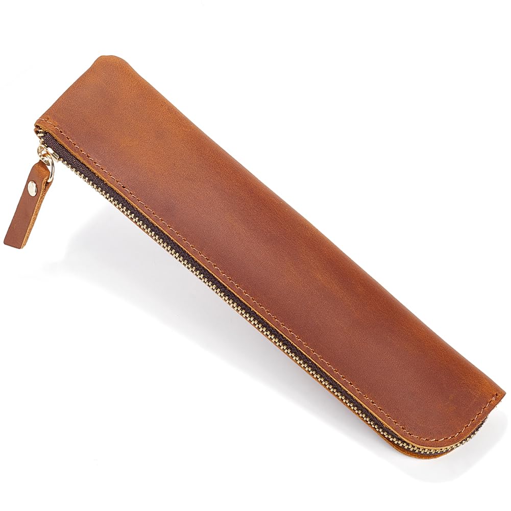 GORGECRAFT Genuine Leather Pencil Case 202 * 50 * 17mm Leather Pencil Case Crazy Horse Saddle Brown Ultra Slim Rectangular Portable Zippered Pen Cases with Zipper for Men and Women Office Supplies