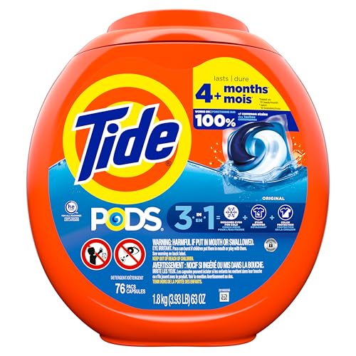 TIDE PODS LAUNDRY DETERGENT PACS, 3-IN-1 STAIN REMOVER, ODOR FIGHTER, COLOR PROTECTOR, 76 COUNT, HE COMPATIBLE, ORIGINAL SCENT