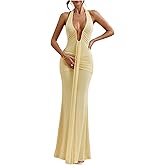 SweatyRocks Women's Halter Sexy Deep V-Neck Maxi Dress Ruched Backless Bodycon Formal Cocktail Dress