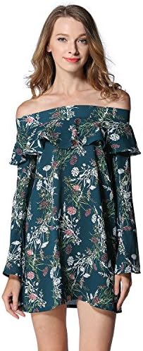 EOVVIO Women's Floral Ruffles Off Shoulder Mini Dress Long Shirt (M, Green)