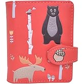 Shag Wear Women's PU Vegan Leather Colorful Slim Trendy Small Bifold Wallet with 4 Credit Card Slots, 1 Zippered Coin Pocket, and Clear ID Window (Woodland Animals, salmon)