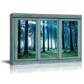 Vintage Teal Window Looking Out Into a Blue Foggy Forest - Canvas Art Home Art - 24x36 inches