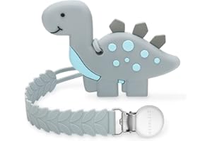MISSLILI Teething Toys for Babies, Baby Teethers with Clip Silicone Baby Teether Toys for Boys and Girls Infant Teething Relief for Teething Dinosaur Shape, Gray