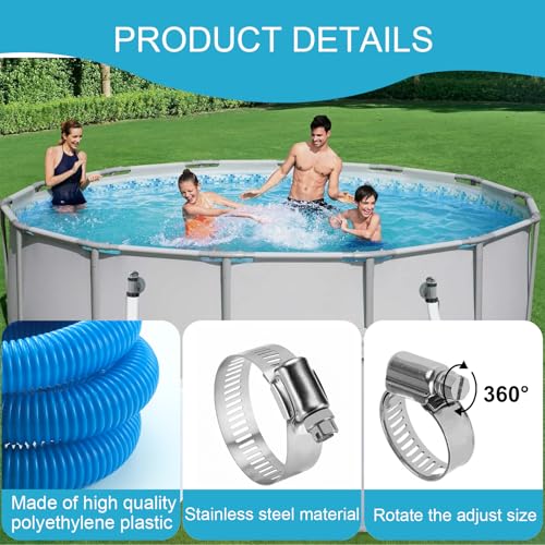 2 Pieces 32 mm Pool Hose, 150 cm with 4 Metal Clips, Replacement for Above Ground Pools and Filter (Blue)