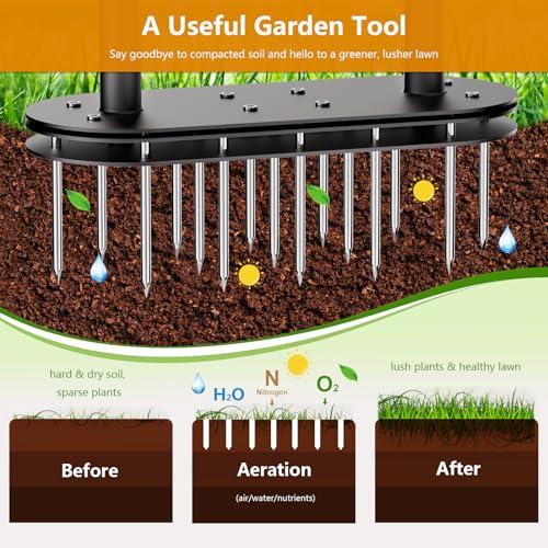 seasky Lawn Aerator Automatic Dirt and Leaf Clean Design,Pre-Assembled 15 Iron Spikes Metal,Soil Lawn Aerating Tools for Yard Lawn and Garden, lawn aerator spikes aerating tool