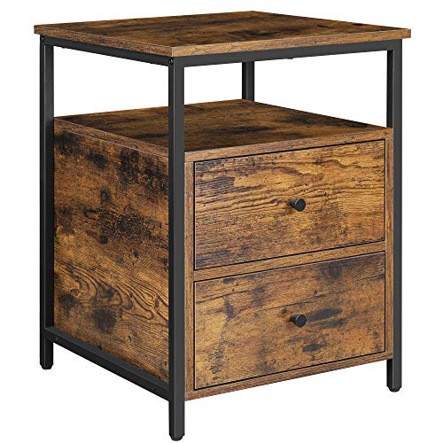 VASAGLE LET067B01 Bedside Table, Side Table, 45 x 45 x 60 cm, with Open Compartment, 2 Drawers, for Living Room, Bedroom, Rustic Brown and Black