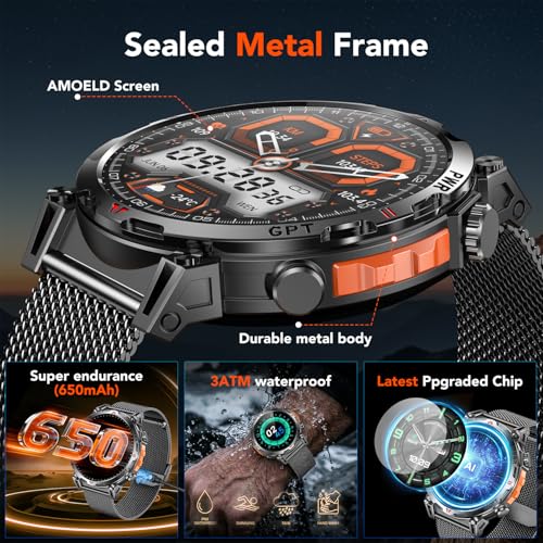 GPS Smartwatch Men's Sports Watch Fitness Watch: 1.7 Inch AMOLED Display with Bluetooth Calls/ChatGPT/3ATM/100+ Sports Modes Outdoor Smart Watch with Heart Rate Sleep Monitor Pedometer Compatible iOS