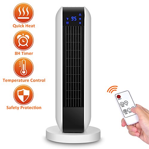 Ceramic Tower Heater - Digital Ceramic Heater 7.1x7.1x16.9 INCH with Remote Control, 1500W Portable Oscillating Heater with Overheating & Tip-Over Protection, Adjustable Thermostat & 8H Timer