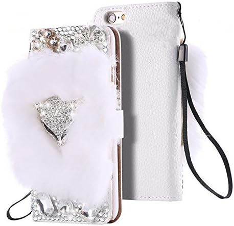 Rejected all traditions Luxury Real Rabbit Fur Fox Head Rhinestone Bling Diamond Case for Apple iPhone 7 Plus 5.5 Inch - White