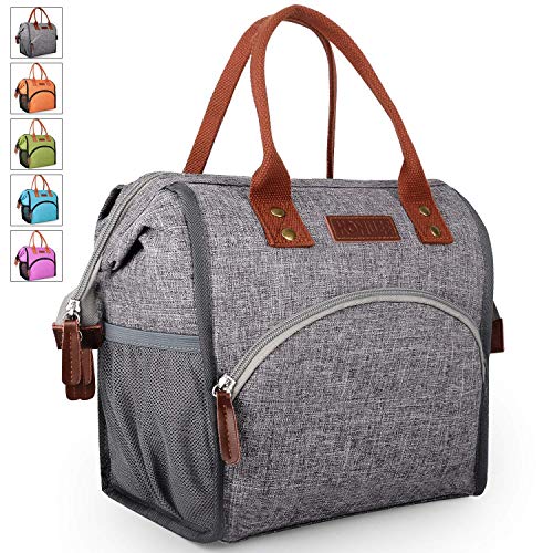 Lunch Bag, KOMUEE Insulated Lunch Box Wide-Open Lunch Tote Bag Large Drinks Holder Durable Nylon Thermal Snacks Organizer for Women Men Adults College Work Picnic Hiking Beach Fishing (grey)