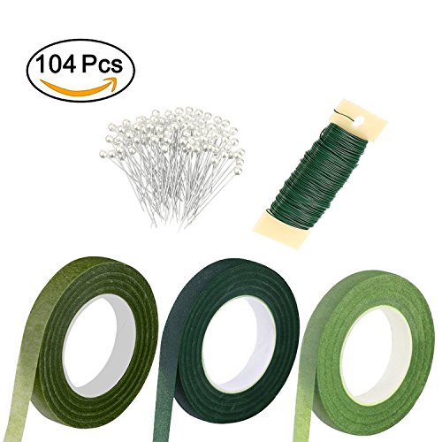 Piokio Floral Arrangement Kit 3PC 1/2 Inch Floral Tape, 22 Gauge Floral Wire and 100 Pieces Ball Head Pins