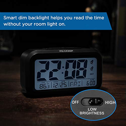 PEAKEEP DST Battery Digital Dual Alarm Clock, Low High Nightlight for