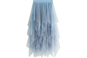 IMISSILLEB Tulle Skirt for Women Asymmetrical Pleated Tutu Midi Skirt Casual Cocktail Party Beach Elastic Waist Mesh Layered Skirts