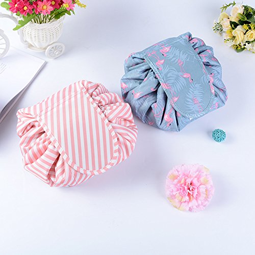 TANTO Lazy Makeup Bag Drawstring Cosmetic Bag Portable Quick Pack Travel Makeup Pouch Case Multifunctional Waterproof Toiletry Bags Makeup Brushes Storage Organizer (Pink and Blue) - Thumbnail 2