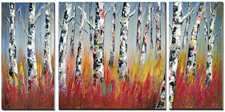 Aspen Trees Forest Landscape Paintings Wall Art cubism-3 Pieces Print On Canvas (Stretched / Ready to Hang) for Home Office Decorations Wall Decor