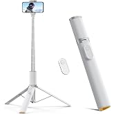 TODI 63" Phone Tripod, Extendable Selfie Stick with Wireless Remote and Phone Holder, Portable All-in-1 Cell Phone Tripod Stand for Video Recording, Compatible with iPhone/Android (White)