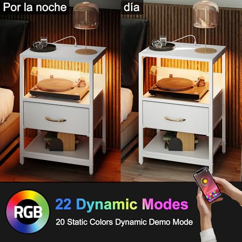 SIMPLE ESPACIO Buros para recamara -Mesita de Noche,Mesa Auxiliar con Estación de Carga 2 enchufes y Puertos USB y Tira luz LED.(cajón Tela Cuero Blanco)