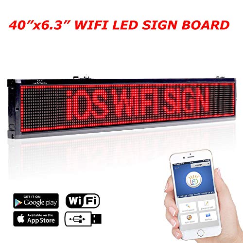 Leadleds 40x6.3 Inches WiFi Scrolling LED Sign Red Message Display Board with Temperature Display, Storefront LED Sign Board for Business, Free App Working with Smartphone and Tablet