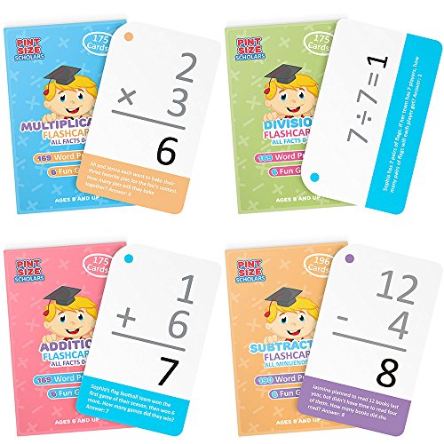 Math Mastery Bundle: 715 Self-Checking Flashcards with Word Problems, All Addition, Multiplication, Division Facts 0-12 and All Subtraction Minuends 0-18 by Pint-Size Scholars